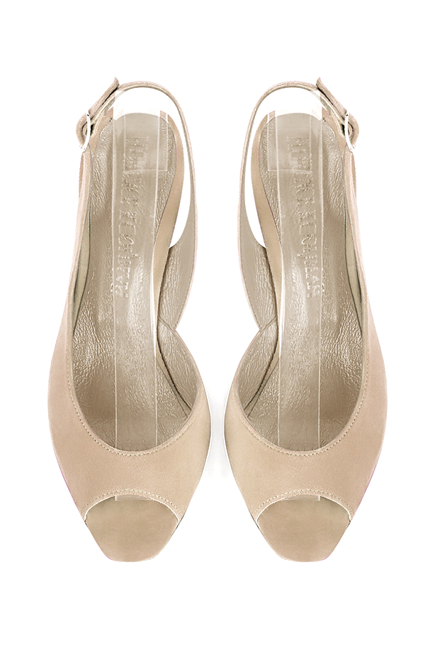 Women's champagne white open-toe dress pumps with back strap. Square toe. Medium comma heels - Top view